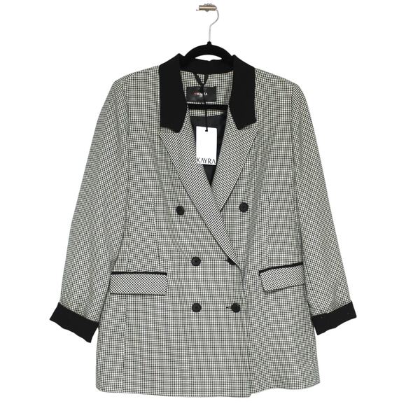 KAYRA Houndstooth Double-breasted Blazer Black & Green NWT Size 44 Large - Picture 1 of 9